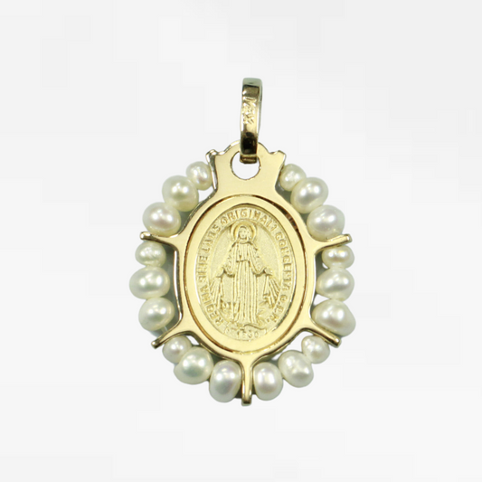 Medalla Oval Virgen Milagrosa con Perlas
